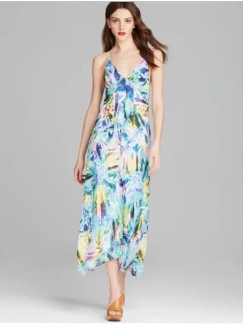 Milly Abstract Floral V-Neck Spaghetti Strap Maxi Dress - Blue Multi